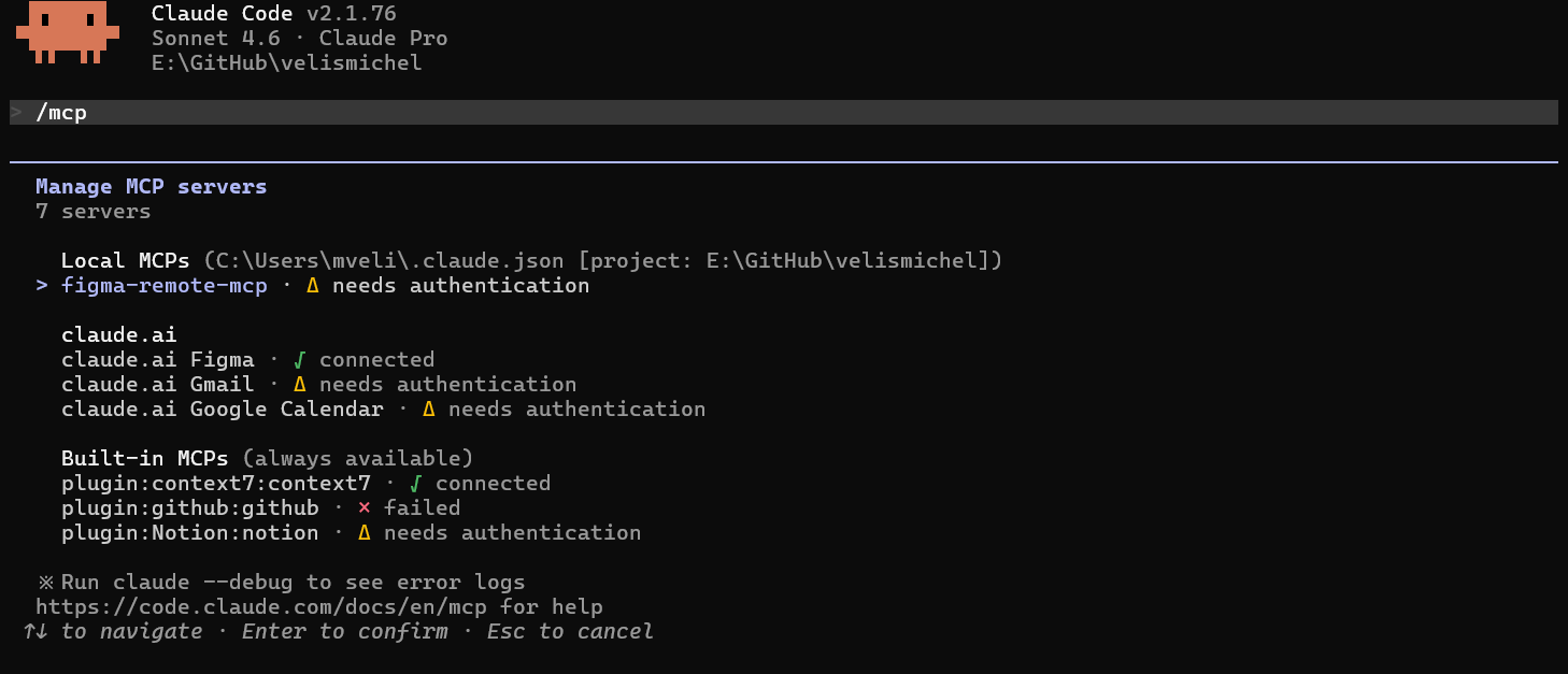 Claude Code /mcp output showing both Figma MCPs connected