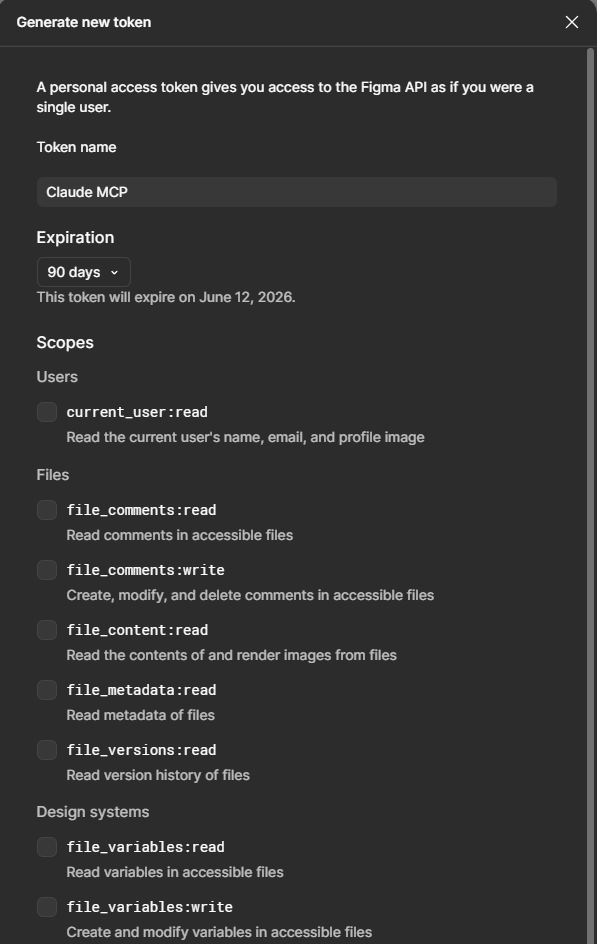 Figma personal access token creation — scope selection screen
