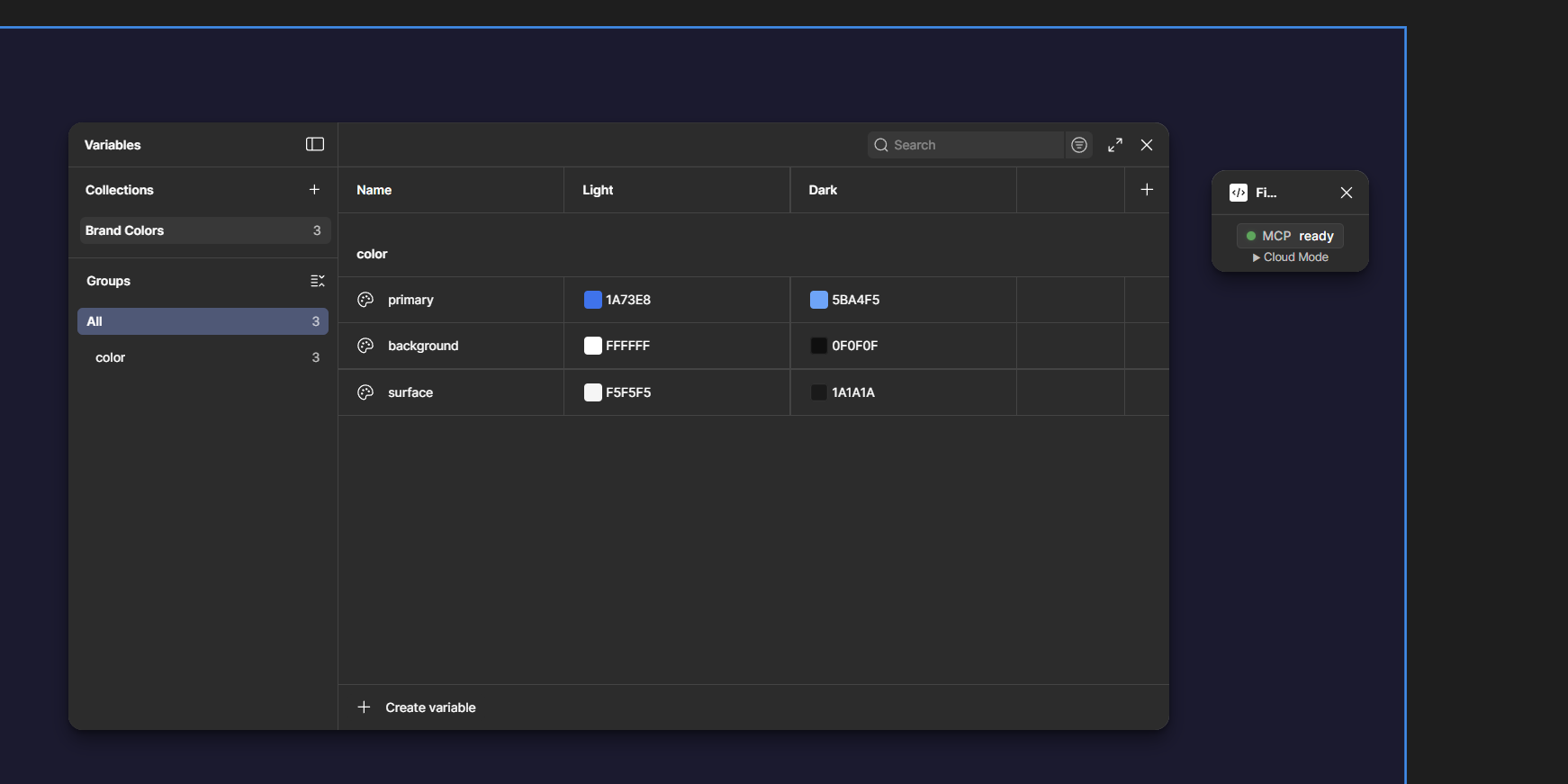 Figma Variables panel showing the Brand Colors collection created by Claude